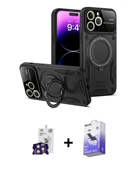 ieg™ iPhone 16 Pro Max Kılıf Kıvılcım Modern Serisi - Siyah Bilvis 5in1 5D Magic Hayalet Cam Ekran Koruyucu + Bilvis Titan Kamera Lens - TMGI