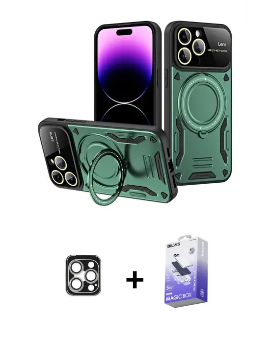 ieg™ iPhone 16 Pro Max Kılıf Kıvılcım Modern Serisi - Siyah Bilvis 5in1 5D Magic Hayalet Cam Ekran Koruyucu + PVD Metal Kamera Lens - GS