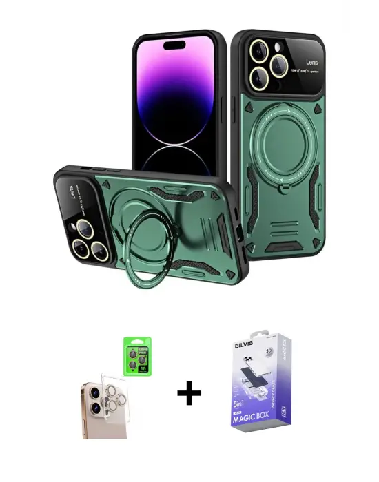 ieg™ iPhone 16 Pro Max Kılıf Kıvılcım Modern Serisi - Siyah Bilvis 5in1 5D Magic Hayalet Cam Ekran Koruyucu + Raze Metal Kamera Lens - NLGY