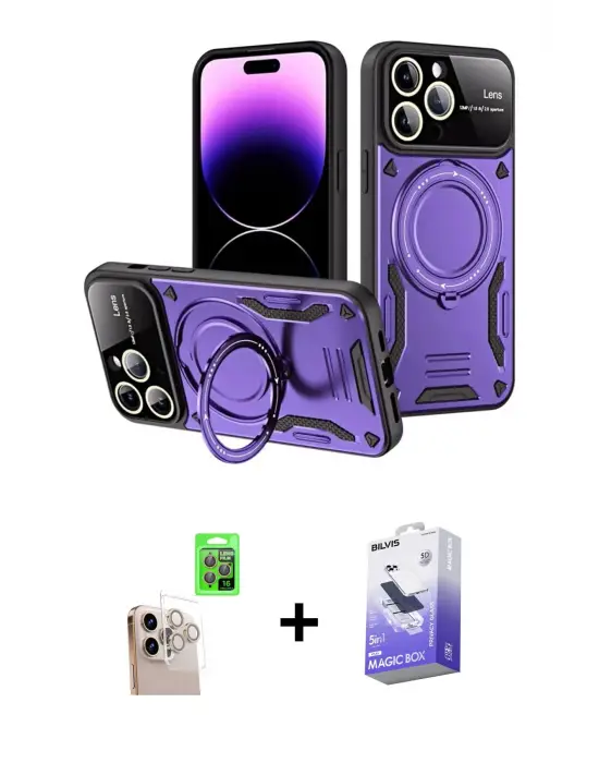 ieg™ iPhone 16 Pro Max Kılıf Kıvılcım Modern Serisi - Siyah Bilvis 5in1 5D Magic Hayalet Cam Ekran Koruyucu + Raze Metal Kamera Lens - NLGY