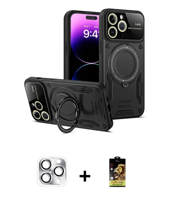 ieg™ iPhone 16 Pro Max Kılıf Kıvılcım Modern Serisi - Siyah Buffer Cam Ekran Koruyucu + Pers Alüminyum Kamera Lens - GS