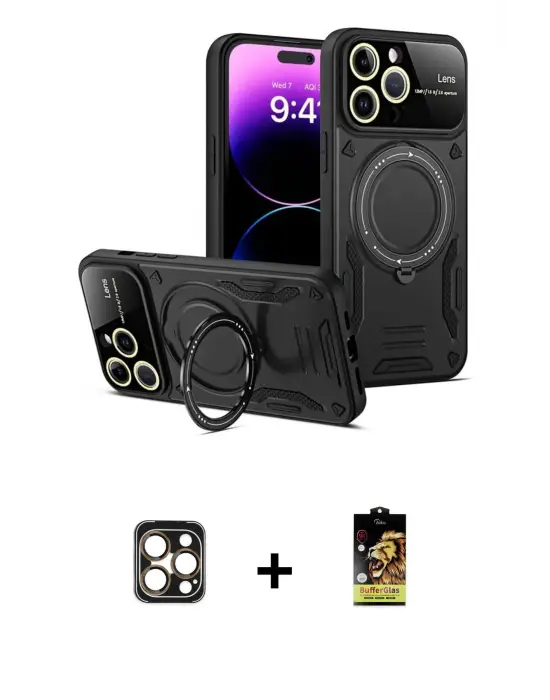 ieg™ iPhone 16 Pro Max Kılıf Kıvılcım Modern Serisi - Siyah Buffer Cam Ekran Koruyucu + PVD Metal Kamera Lens - GD