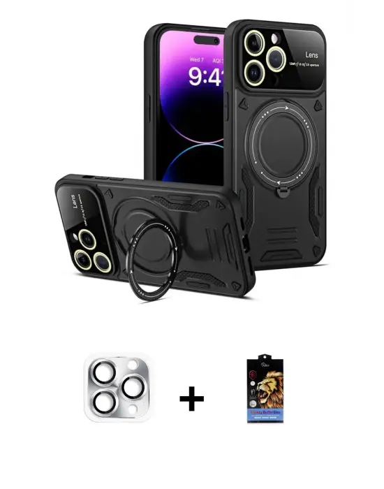 ieg™ iPhone 16 Pro Max Kılıf Kıvılcım Modern Serisi - Siyah Buffer Hayalet Cam Ekran Koruyucu + Pers Alüminyum Kamera Lens - GS