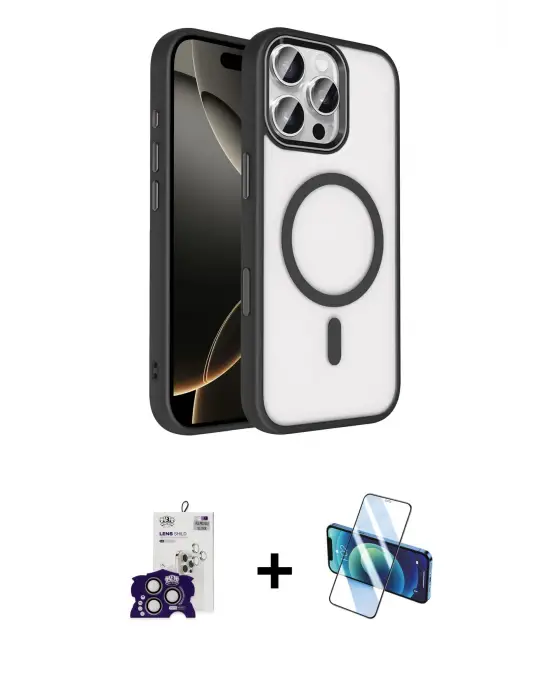 ieg™ iPhone 16 Pro Max Kılıf Kıvılcım Prime - Siyah 3D Antistatik Cam Ekran Koruyucu + Bilvis Titan Kamera Lens - TMGI