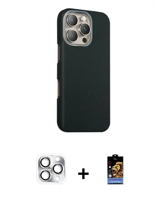 ieg™ iPhone 16 Pro Max Kılıf Kozmos Klasik Prime - Siyah Buffer Hayalet Cam Ekran Koruyucu + Pers Alüminyum Kamera Lens - GS