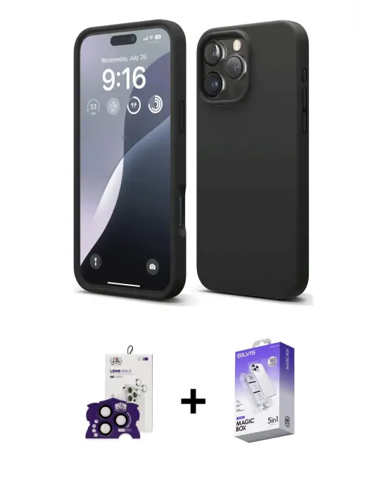 ieg™ iPhone 16 Pro Max Kılıf Kozmos Yansıma Özel Seri - Siyah Bilvis 5in1 3D Magic Cam Ekran Koruyucu + Bilvis Titan Kamera Lens - SH