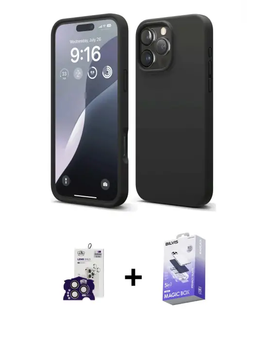 ieg™ iPhone 16 Pro Max Kılıf Kozmos Yansıma Özel Seri - Siyah Bilvis 5in1 5D Magic Hayalet Cam Ekran Koruyucu + Bilvis Titan Kamera Lens - TMGI