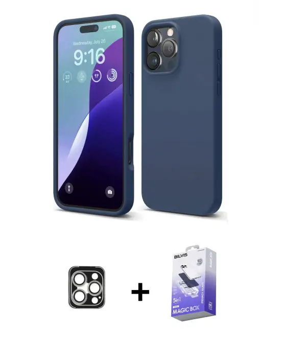 ieg™ iPhone 16 Pro Max Kılıf Kozmos Yansıma Özel Seri - Siyah Bilvis 5in1 5D Magic Hayalet Cam Ekran Koruyucu + PVD Metal Kamera Lens - GS