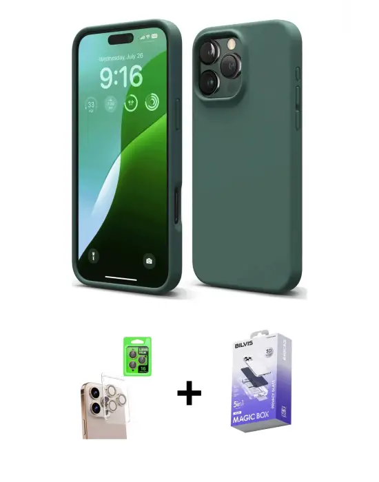 ieg™ iPhone 16 Pro Max Kılıf Kozmos Yansıma Özel Seri - Siyah Bilvis 5in1 5D Magic Hayalet Cam Ekran Koruyucu + Raze Metal Kamera Lens - NLGY