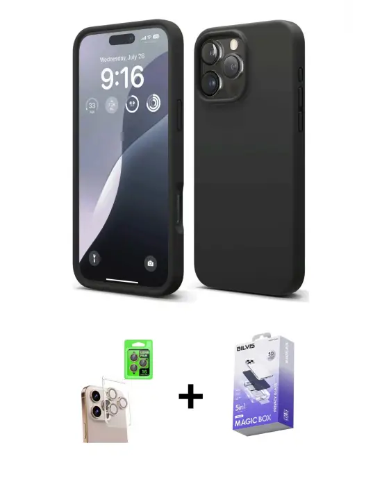 ieg™ iPhone 16 Pro Max Kılıf Kozmos Yansıma Özel Seri - Siyah Bilvis 5in1 5D Magic Hayalet Cam Ekran Koruyucu + Raze Metal Kamera Lens - NLGY