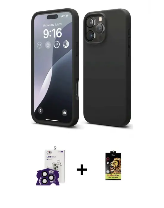 ieg™ iPhone 16 Pro Max Kılıf Kozmos Yansıma Özel Seri - Siyah Buffer Cam Ekran Koruyucu + Bilvis Titan Kamera Lens - SH