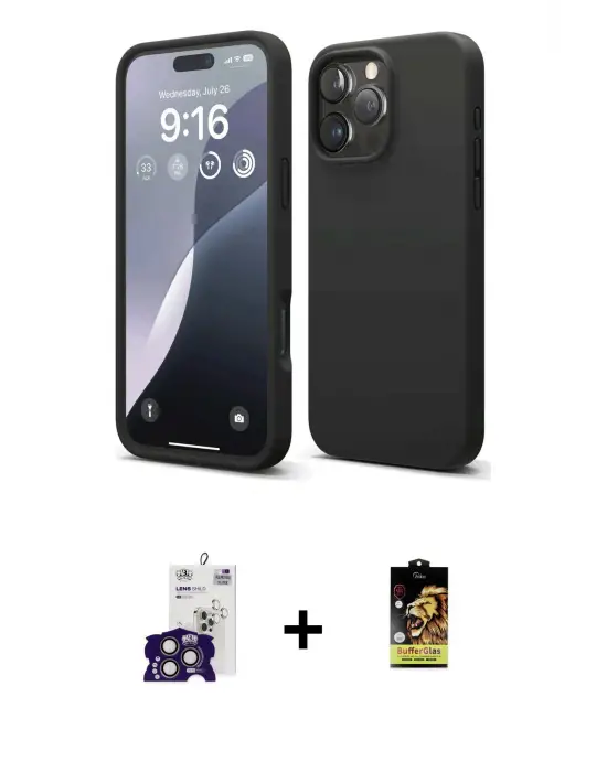 ieg™ iPhone 16 Pro Max Kılıf Kozmos Yansıma Özel Seri - Siyah Buffer Cam Ekran Koruyucu + Bilvis Titan Kamera Lens - TMGI