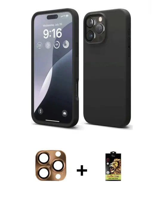 ieg™ iPhone 16 Pro Max Kılıf Kozmos Yansıma Özel Seri - Siyah Buffer Cam Ekran Koruyucu + Pers Alüminyum Kamera Lens - CLTM