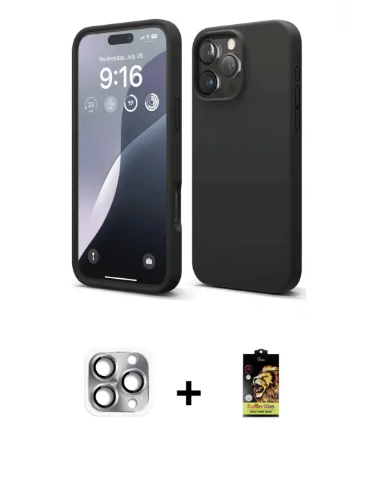 ieg™ iPhone 16 Pro Max Kılıf Kozmos Yansıma Özel Seri - Siyah Buffer Cam Ekran Koruyucu + Pers Alüminyum Kamera Lens - GI