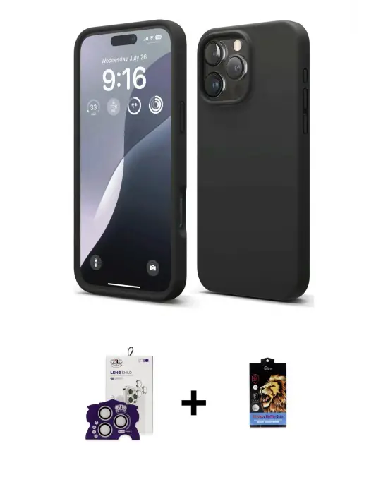 ieg™ iPhone 16 Pro Max Kılıf Kozmos Yansıma Özel Seri - Siyah Buffer Hayalet Cam Ekran Koruyucu + Bilvis Titan Kamera Lens - GS