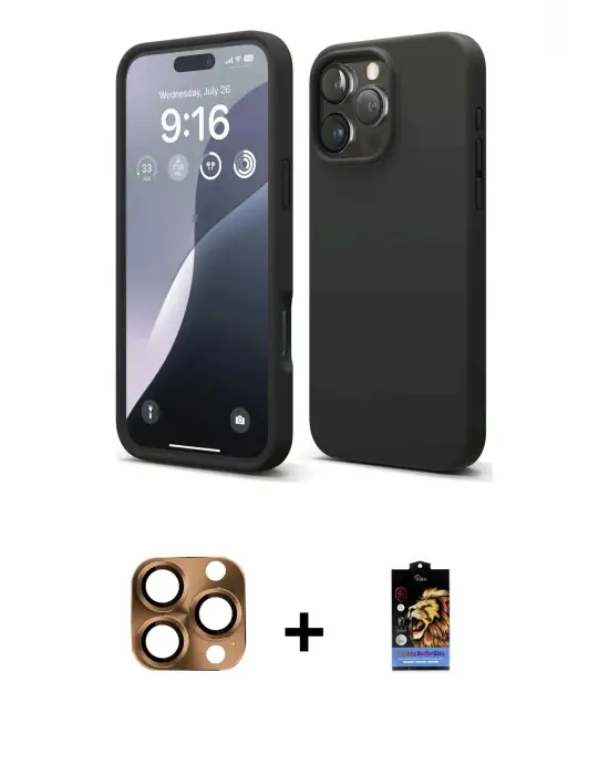 ieg™ iPhone 16 Pro Max Kılıf Kozmos Yansıma Özel Seri - Siyah Buffer Hayalet Cam Ekran Koruyucu + Pers Alüminyum Kamera Lens - CLTM
