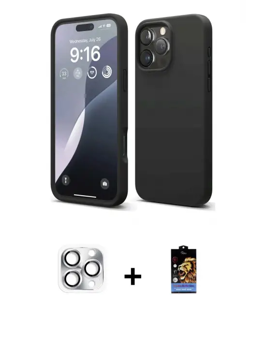ieg™ iPhone 16 Pro Max Kılıf Kozmos Yansıma Özel Seri - Siyah Buffer Hayalet Cam Ekran Koruyucu + Pers Alüminyum Kamera Lens - GS