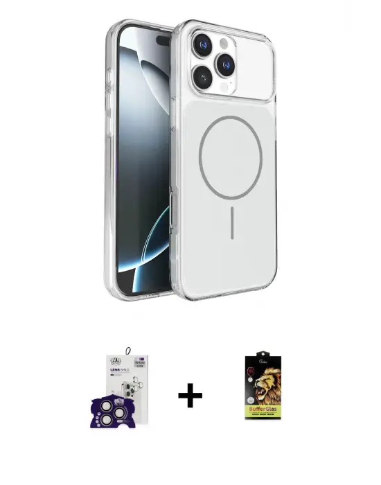 ieg™ iPhone 16 Pro Max Kılıf Kutup Doku Serisi - Siyah Buffer Cam Ekran Koruyucu + Bilvis Titan Kamera Lens - TMGI
