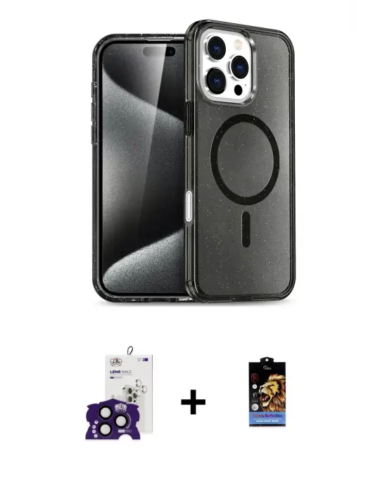 ieg™ iPhone 16 Pro Max Kılıf Nova Asil Prime - Siyah Buffer Hayalet Cam Ekran Koruyucu + Bilvis Titan Kamera Lens - SH