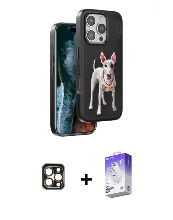 ieg™ iPhone 16 Pro Max Kılıf Nova Form Koleksiyonu - Siyah Bilvis 5in1 3D Magic Cam Ekran Koruyucu + PVD Metal Kamera Lens - GD
