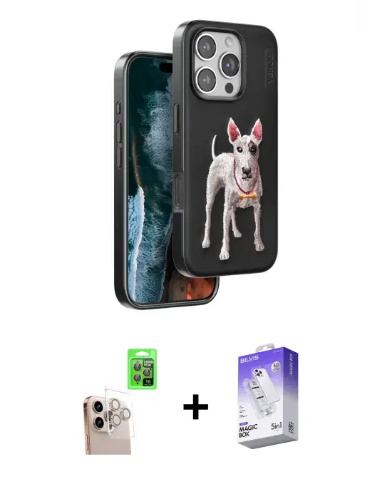 ieg™ iPhone 16 Pro Max Kılıf Nova Form Koleksiyonu - Siyah Bilvis 5in1 3D Magic Cam Ekran Koruyucu + Raze Metal Kamera Lens - NLGY
