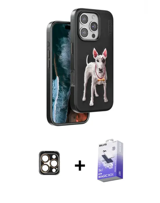 ieg™ iPhone 16 Pro Max Kılıf Nova Form Koleksiyonu - Siyah Bilvis 5in1 5D Magic Hayalet Cam Ekran Koruyucu + PVD Metal Kamera Lens - GD