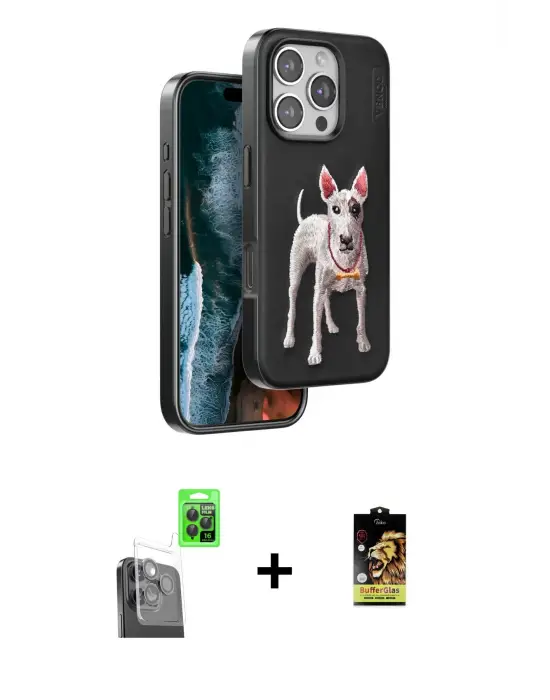 ieg™ iPhone 16 Pro Max Kılıf Nova Form Koleksiyonu - Siyah Buffer Cam Ekran Koruyucu + Raze Metal Kamera Lens - SH