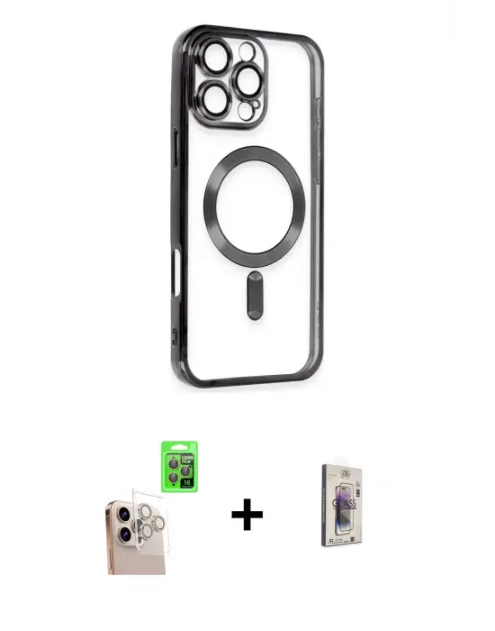 ieg™ iPhone 16 Pro Max Kılıf Nova Işık Özel Seri - Siyah Bilvis 3D Cam Ekran Koruyucu + Raze Metal Kamera Lens - NLGY
