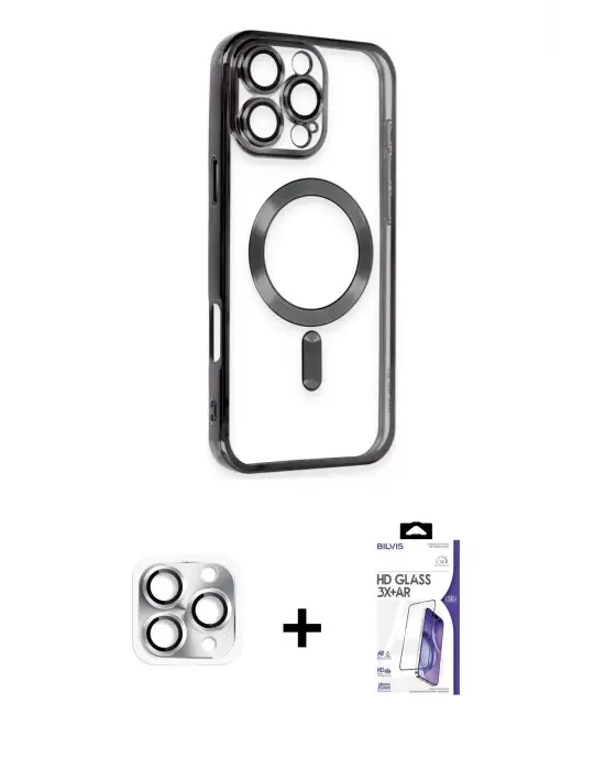 ieg™ iPhone 16 Pro Max Kılıf Nova Işık Özel Seri - Siyah Bilvis 3X AR HD Cam Ekran Koruyucu + Pers Alüminyum Kamera Lens - GS
