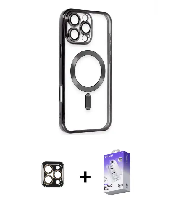 ieg™ iPhone 16 Pro Max Kılıf Nova Işık Özel Seri - Siyah Bilvis 5in1 3D Magic Cam Ekran Koruyucu + PVD Metal Kamera Lens - GD
