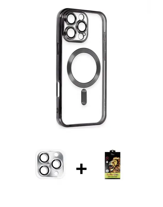 ieg™ iPhone 16 Pro Max Kılıf Nova Işık Özel Seri - Siyah Buffer Cam Ekran Koruyucu + Pers Alüminyum Kamera Lens - GS