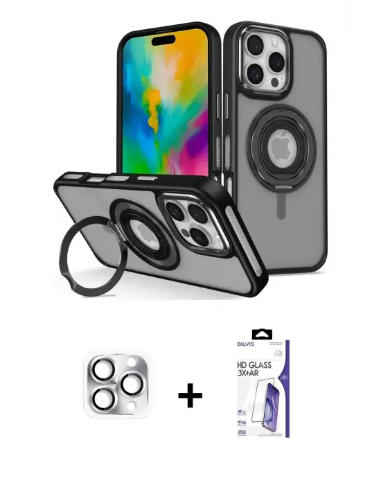 ieg™ iPhone 16 Pro Max Kılıf Nova Minimal Serisi - Siyah Bilvis 3X AR HD Cam Ekran Koruyucu + Pers Alüminyum Kamera Lens - GS