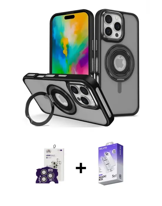ieg™ iPhone 16 Pro Max Kılıf Nova Minimal Serisi - Siyah Bilvis 5in1 3D Magic Cam Ekran Koruyucu + Bilvis Titan Kamera Lens - GS