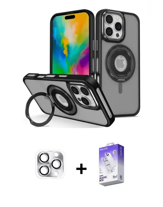 ieg™ iPhone 16 Pro Max Kılıf Nova Minimal Serisi - Siyah Bilvis 5in1 3D Magic Cam Ekran Koruyucu + Pers Alüminyum Kamera Lens - GS