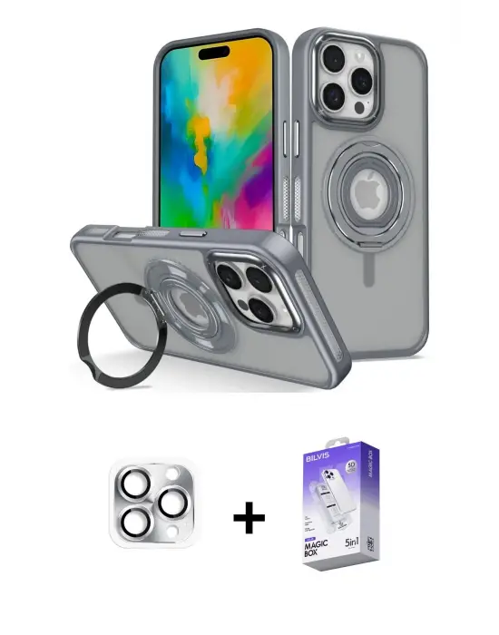 ieg™ iPhone 16 Pro Max Kılıf Nova Minimal Serisi - Siyah Bilvis 5in1 3D Magic Cam Ekran Koruyucu + Pers Alüminyum Kamera Lens - GS