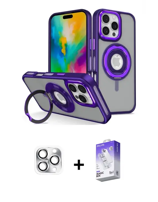 ieg™ iPhone 16 Pro Max Kılıf Nova Minimal Serisi - Siyah Bilvis 5in1 3D Magic Cam Ekran Koruyucu + Pers Alüminyum Kamera Lens - GS