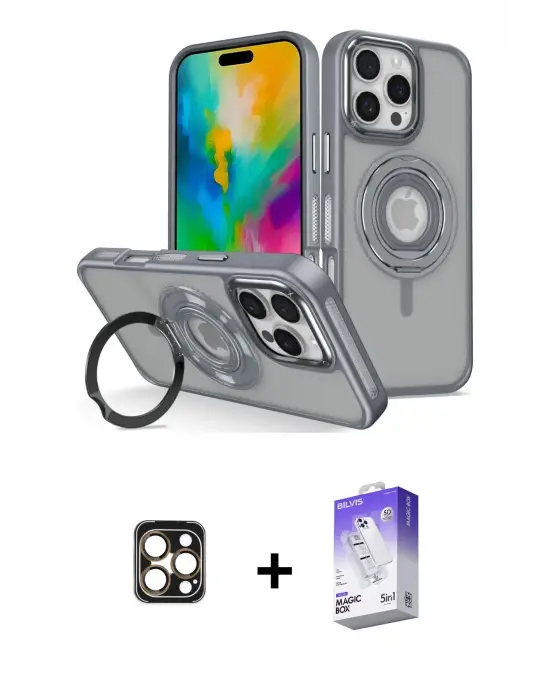 ieg™ iPhone 16 Pro Max Kılıf Nova Minimal Serisi - Siyah Bilvis 5in1 3D Magic Cam Ekran Koruyucu + PVD Metal Kamera Lens - GD