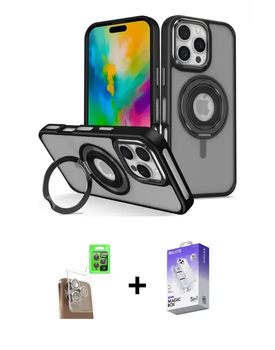 ieg™ iPhone 16 Pro Max Kılıf Nova Minimal Serisi - Siyah Bilvis 5in1 3D Magic Cam Ekran Koruyucu + Raze Metal Kamera Lens - CLTM