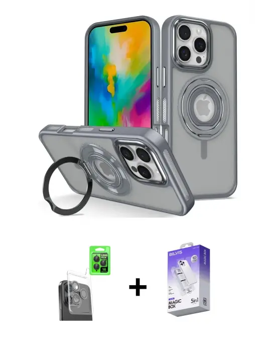 ieg™ iPhone 16 Pro Max Kılıf Nova Minimal Serisi - Siyah Bilvis 5in1 3D Magic Cam Ekran Koruyucu + Raze Metal Kamera Lens - SH