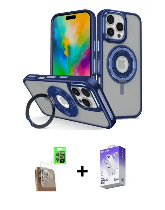 ieg™ iPhone 16 Pro Max Kılıf Nova Minimal Serisi - Siyah Bilvis 5in1 3D Magic Cam Ekran Koruyucu + Raze Metal Kamera Lens - CLTM