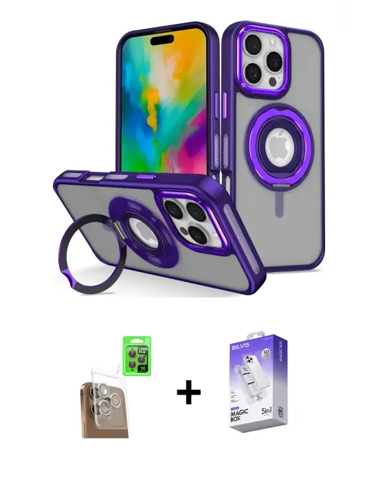 ieg™ iPhone 16 Pro Max Kılıf Nova Minimal Serisi - Siyah Bilvis 5in1 3D Magic Cam Ekran Koruyucu + Raze Metal Kamera Lens - CLTM