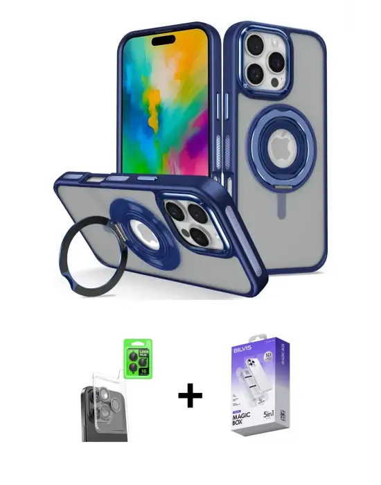 ieg™ iPhone 16 Pro Max Kılıf Nova Minimal Serisi - Siyah Bilvis 5in1 3D Magic Cam Ekran Koruyucu + Raze Metal Kamera Lens - SH