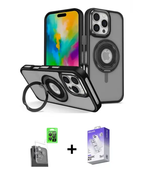 ieg™ iPhone 16 Pro Max Kılıf Nova Minimal Serisi - Siyah Bilvis 5in1 3D Magic Cam Ekran Koruyucu + Raze Metal Kamera Lens - SH