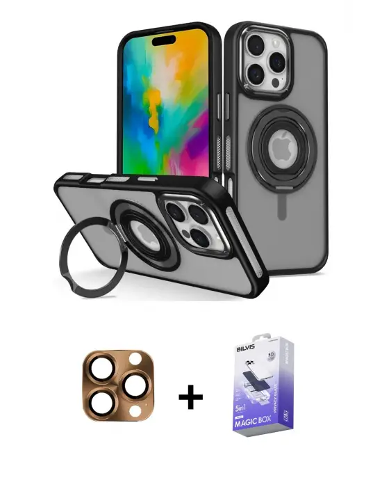 ieg™ iPhone 16 Pro Max Kılıf Nova Minimal Serisi - Siyah Bilvis 5in1 5D Magic Hayalet Cam Ekran Koruyucu + Pers Alüminyum Kamera Lens - CLTM