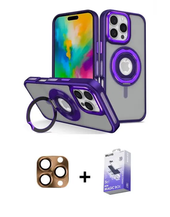 ieg™ iPhone 16 Pro Max Kılıf Nova Minimal Serisi - Siyah Bilvis 5in1 5D Magic Hayalet Cam Ekran Koruyucu + Pers Alüminyum Kamera Lens - CLTM