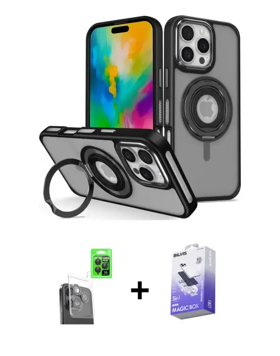 ieg™ iPhone 16 Pro Max Kılıf Nova Minimal Serisi - Siyah Bilvis 5in1 5D Magic Hayalet Cam Ekran Koruyucu + Raze Metal Kamera Lens - SH