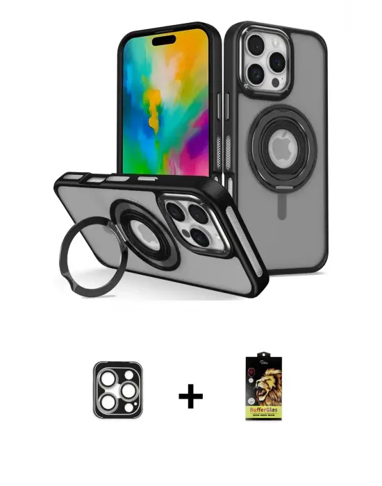 ieg™ iPhone 16 Pro Max Kılıf Nova Minimal Serisi - Siyah Buffer Cam Ekran Koruyucu + PVD Metal Kamera Lens - GS