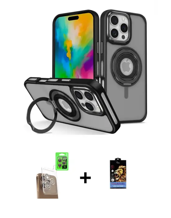 ieg™ iPhone 16 Pro Max Kılıf Nova Minimal Serisi - Siyah Buffer Hayalet Cam Ekran Koruyucu + Raze Metal Kamera Lens - CLTM