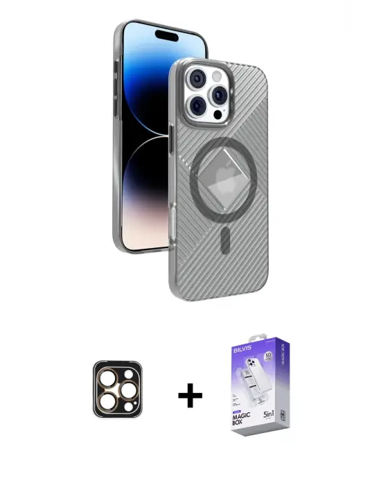 ieg™ iPhone 16 Pro Max Kılıf Nova Modern Prime - Siyah Bilvis 5in1 3D Magic Cam Ekran Koruyucu + PVD Metal Kamera Lens - GD