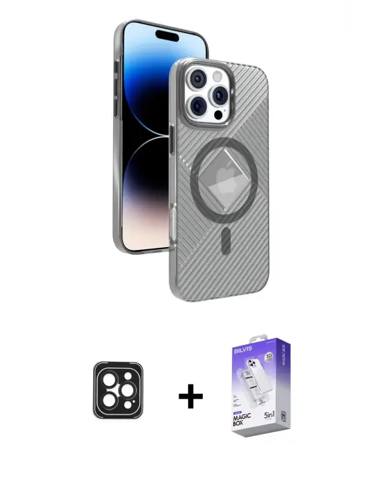 ieg™ iPhone 16 Pro Max Kılıf Nova Modern Prime - Siyah Bilvis 5in1 3D Magic Cam Ekran Koruyucu + PVD Metal Kamera Lens - SH